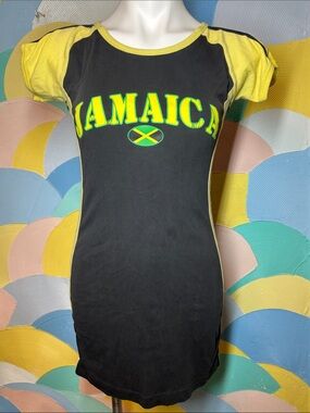 Island Tees Jamaica Graphic Tee Dress - Black & Yellow 100% cotton sz S-M